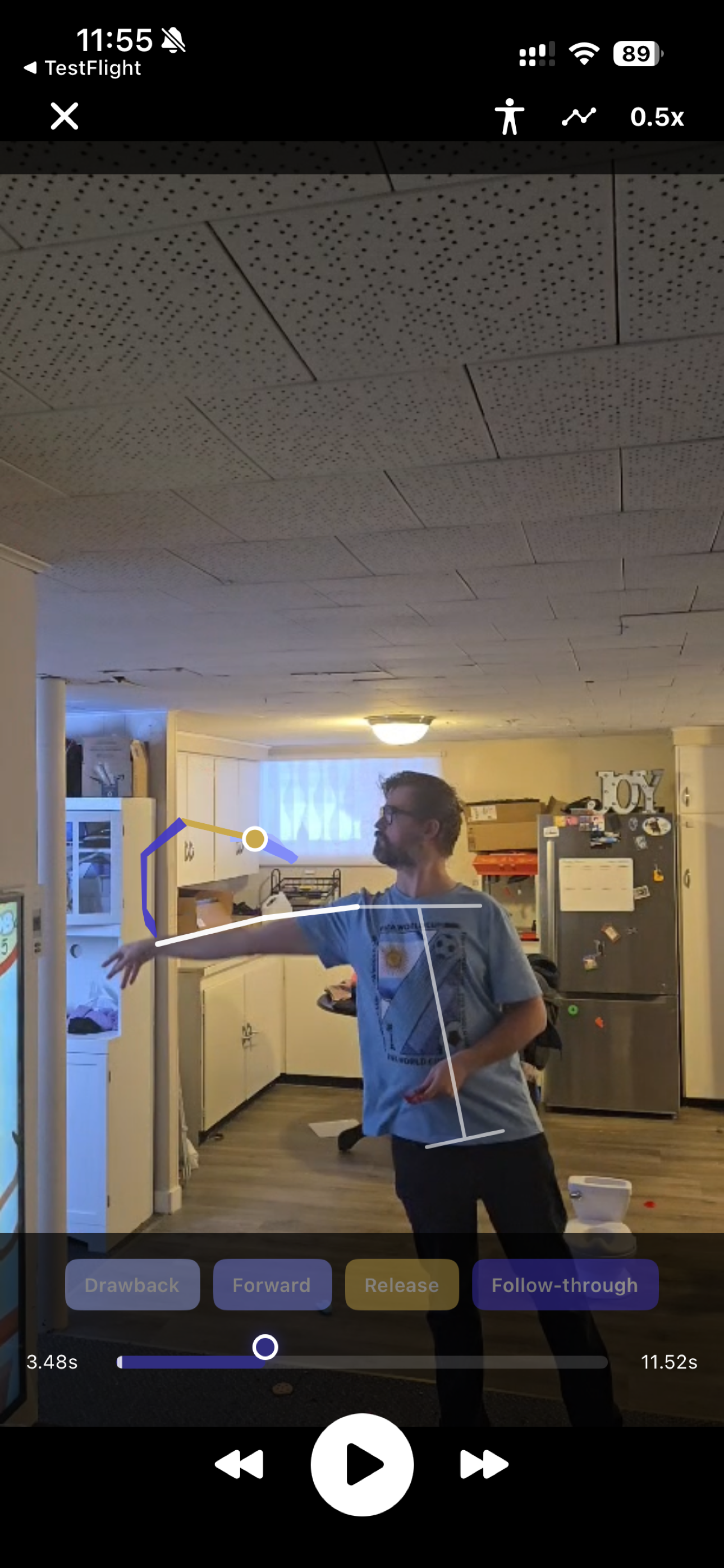 Full-screen replay with skeleton overlay tracking arm path