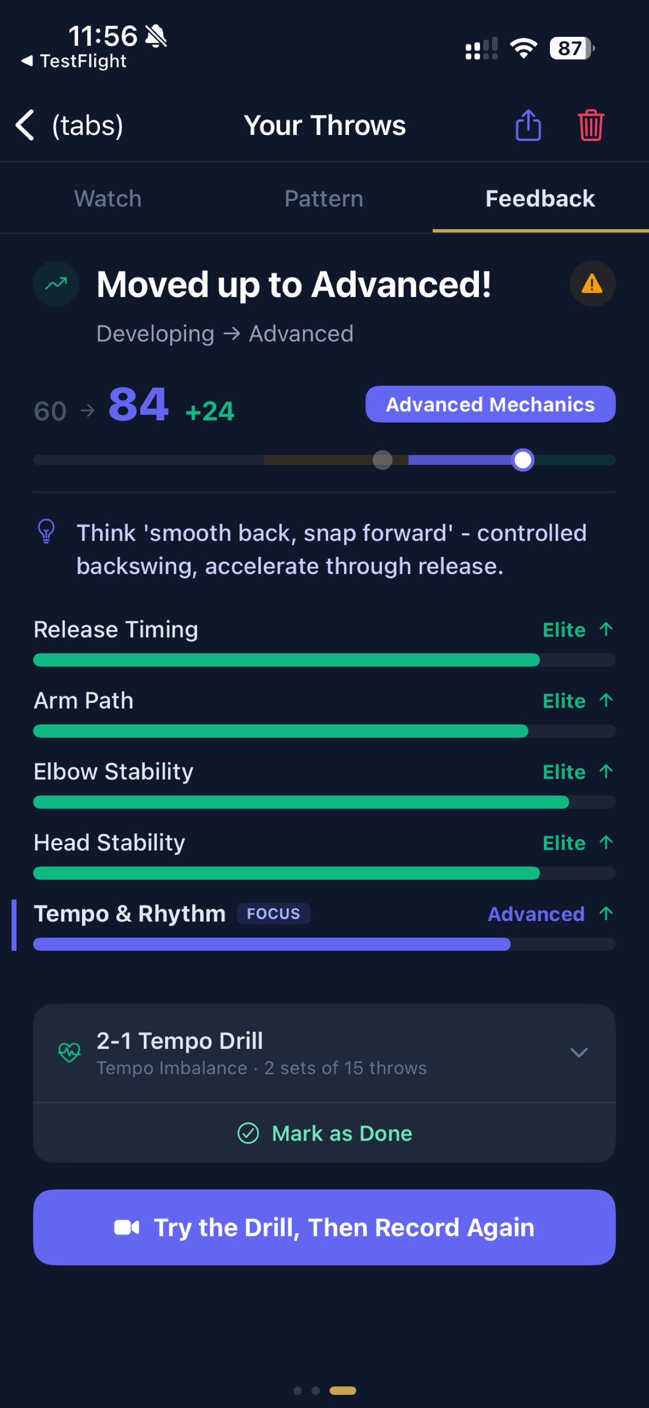 OcheIQ Feedback - Moved up to Advanced with metric bars